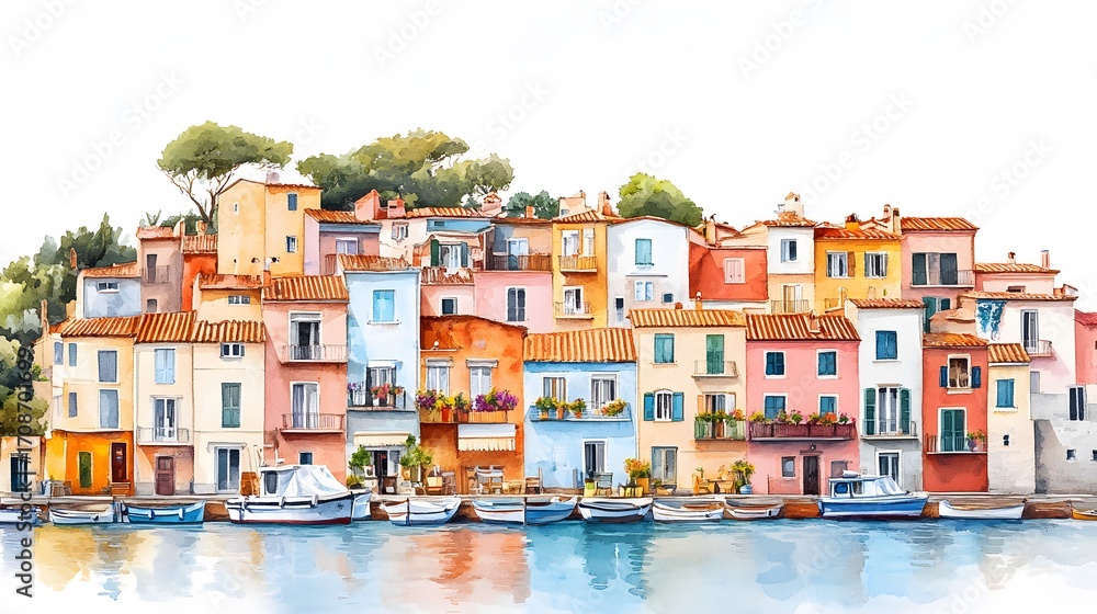 Obraz premium Mediterranean Coastal Village Street – Watercolor Seaside Houses with Colorful Facades and Flower Balconies