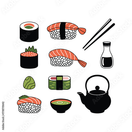 Delicious sushi and sashimi assortment with chopsticks and tea pot
