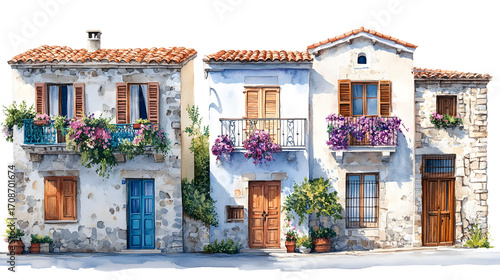Mediterranean Coastal Village Street – Watercolor Seaside Houses with Colorful Facades and Flower Balconies