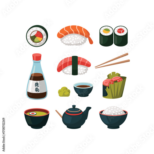 Authentic japanese sushi assortment with soy sauce and wasabi set