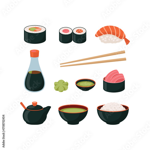 Delicious sushi and japanese food assortment with chopsticks soy sauce and tea pot