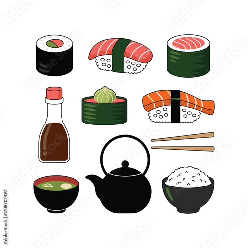 Assortment of delicious japanese sushi rolls nigiri soy sauce teapot rice bowl chopsticks