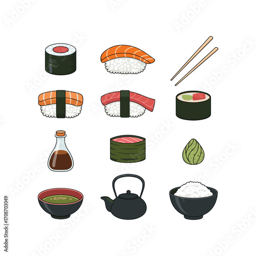 Delicious assortment of japanese sushi dishes and accompanying utensils isolated on white