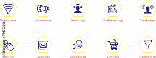Marketing sales funnel icons representing customer journey stages and conversion processes
