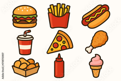 A set of 9 colorful hand-drawn icons illustrating popular fast food items.