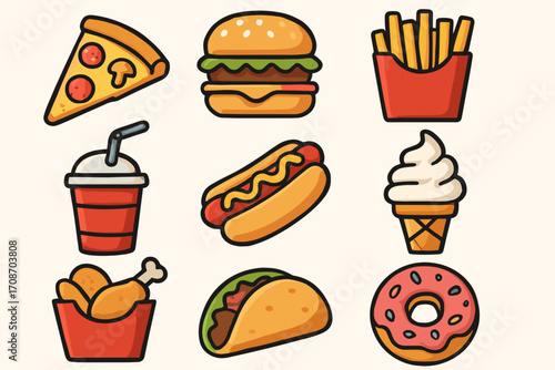 A delicious collection of colorful fast food icons in a cute flat style with warm tones and simple design.