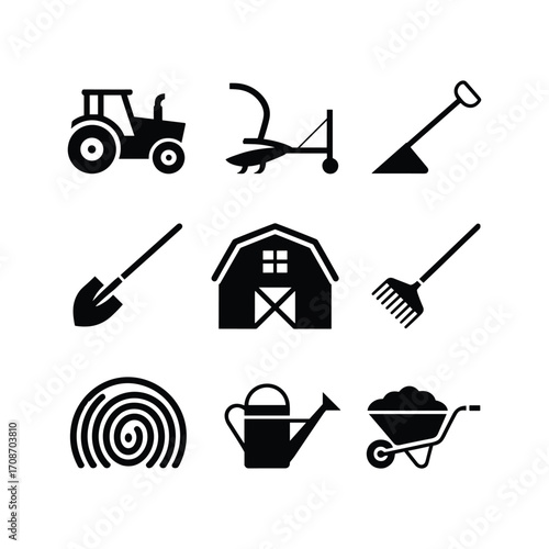 Collection of nine farm and agriculture icons for agricultural business and rural life projects