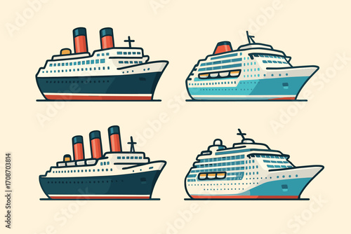 A set of 4 colorful line illustrations (in flat design style with outlines) depicting various types of cruise ships.