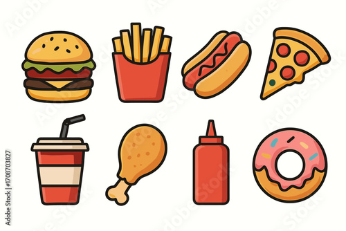 A set of 8 colorful line art icons (line drawings with fill) illustrating classic fast food elements. 