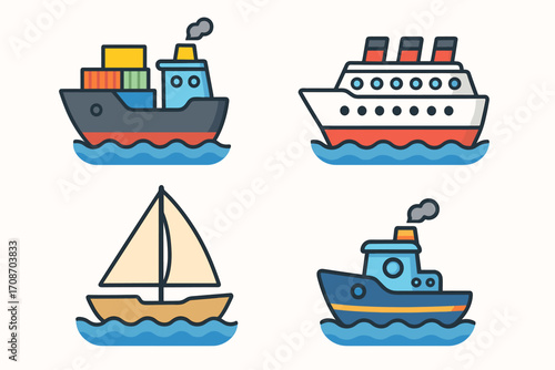 4 colorful linear icons (in flat design style with outlines) illustrating different types of vessels on the water.