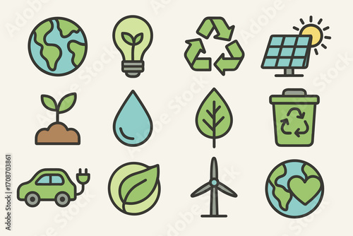 A set of colorful linear icons (in flat design style) that illustrate the concepts of ecology, renewable energy, and sustainable development.