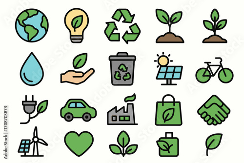 A set of colorful linear icons (in flat design style) that illustrate the concepts of ecology, renewable energy, and sustainable development.