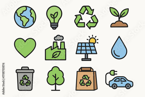 A set of colorful linear icons (in flat design style) that illustrate the concepts of ecology, renewable energy, and sustainable development.