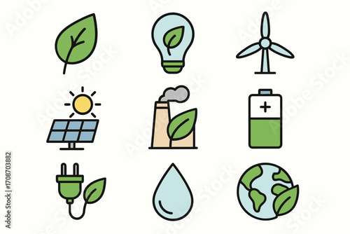 A set of colorful linear icons (in flat design style) that illustrate the concepts of ecology, renewable energy, and sustainable development.