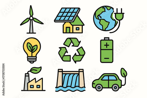 A set of colorful linear icons (in flat design style) that illustrate the concepts of ecology, renewable energy, and sustainable development.