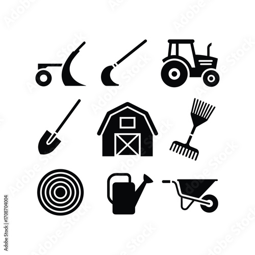 Collection of farm equipment icons including tractor barn shovel rake watering can and wheelbarrow