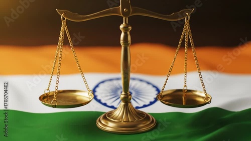 Indian Justice Scales - Golden scales of justice are positioned against a softly blurred Indian flag, symbolizing the legal system and law and order in India.
