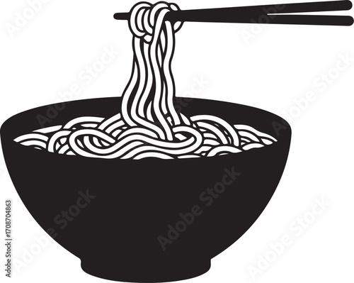 Ramen Bowl, Japanese Soup with Chopsticks Simple Vector Illustration, Doodle Hand-drawn Sketch Drawing Line Linear Symbol Icon Engraving Coloring Book Black and White Isolated