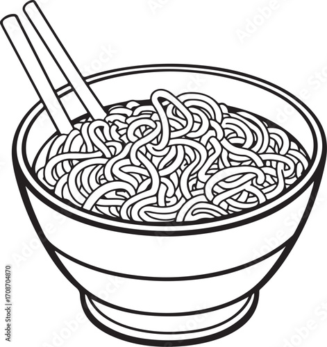 Ramen Bowl, Japanese Soup with Chopsticks Simple Vector Illustration, Doodle Hand-drawn Sketch Drawing Line Linear Symbol Icon Engraving Coloring Book Black and White Isolated
