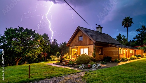 Fototapeta Naklejka Na Ścianę i Meble -  A wooden home sits amidst lush greenery under a dramatic, lightning-streaked sky during a storm