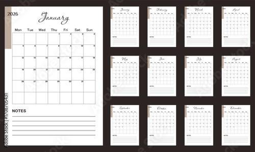 Monthly calendar 2026. Calendar 2026 template planner minimalist. Colorful planner 2026 with calendar. Vector illustration. Blank white notebook page A4. Printable template. Week Starts on Monday