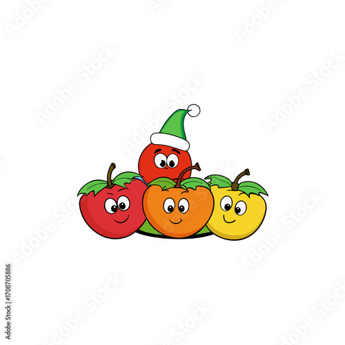 cartoon orchard fruits on christmas hat art vector