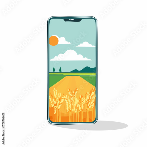 Digital Field View: A smartphone showcases a vibrant digital illustration of a sunny field, inviting viewers to explore the serene beauty of nature through technology.