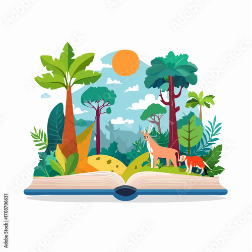 Storybook Jungle Scene: An illustrated, vibrant open book reveals a lush jungle teeming with life, featuring exotic trees, playful animals, and the warm glow of the sun.