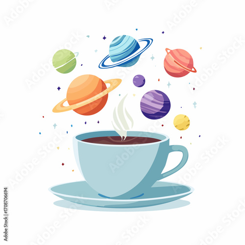 Celestial Coffee: An inviting steaming cup of coffee, adorned with colorful planets, hints at a universe of flavors and the boundless potential of a morning.
