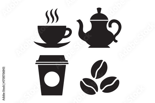 Black silhouette icons of coffee and tea set