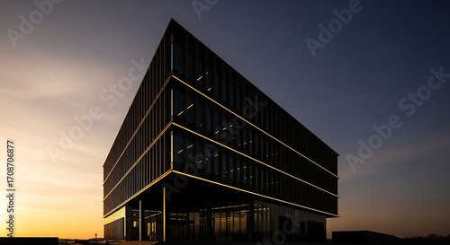 Modern office building at dusk with illuminated facade and clear sky