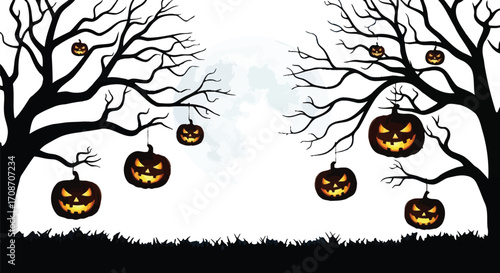 Spooky Halloween night with glowing jack-o'-lanterns hanging from bare, silhouetted trees.