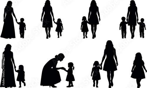 Mother and child silhouette set showing parenting, guidance, love, walking, bonding, family care, emotional support, nurturing moments, black vector icons
