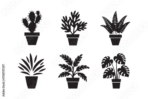 Collection of six potted houseplant silhouettes