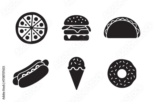 Collection of six popular fast food icons in black silhouette