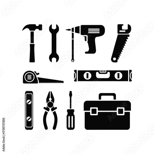 Collection of essential tools for home renovation and diy projects including a hammer drill toolbox and saw