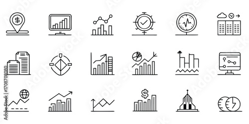 Black and White Line Art Icons for Business and Financial Analysis finance