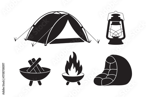 Camping gear illustration featuring tent lantern fire and sleeping bag