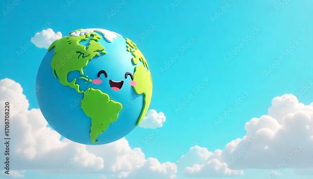 Naklejka premium Cute Cartoon kawaii Earth Planet with Smiling Face Floating in the Sky