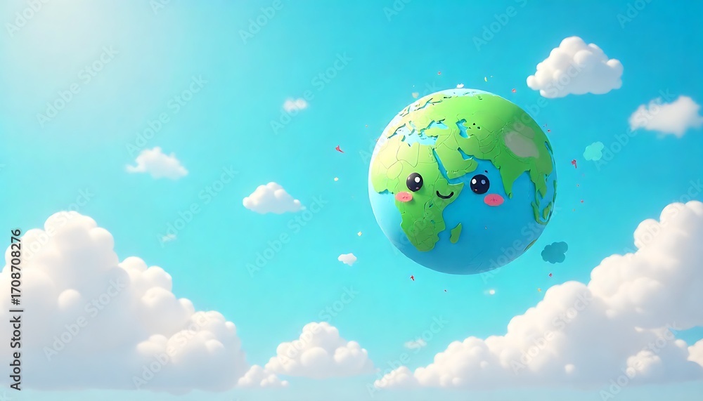 Naklejka premium Cute Cartoon kawaii Earth Planet with Smiling Face Floating in the Sky
