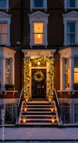 Victorian-Style UK Townhouse with Garland and Christmas Lights
