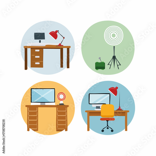 Home Office Setup Designs: A compilation of home office arrangements, showcasing various desk setups, lamps, lighting, and technological equipment, offering design inspiration for workspace layouts.