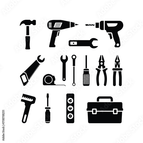 Collection of black silhouetted hand tools and power tools for diy and professional use