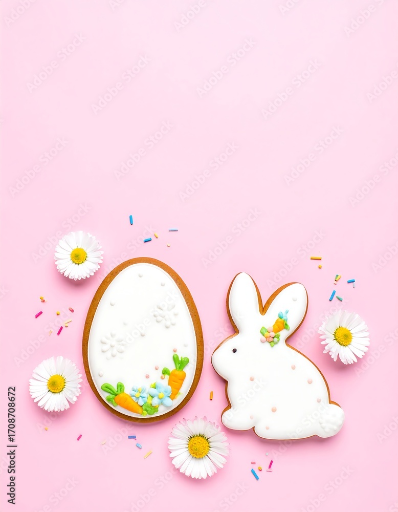 Obraz premium Pink Easter cookies, egg and bunny, decorated with icing, flowers, sprinkles
