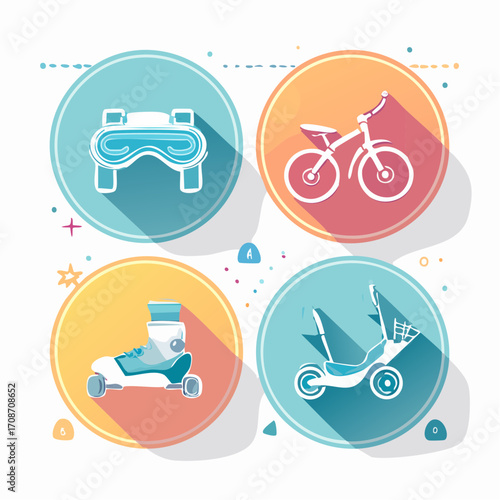 Colorful Recreation: A vibrant illustration showcases icons of essential recreational equipment, each meticulously designed with attention to detail and a lively color palette.