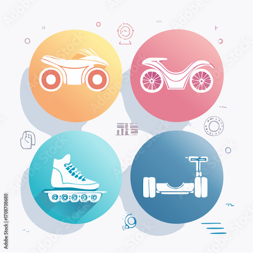 Diverse Transport Icons: A colorful illustration featuring a collection of modern transportation icons, each set within a distinct circle, representing various modes of travel in a sleek.