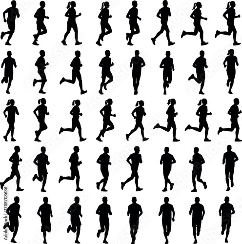 Running Silhouette Vector Set Showing Dynamic Human Motion, Athletic Poses, Jogging Strides, Fitness Movement for Sports, Animation, and Biomechanics