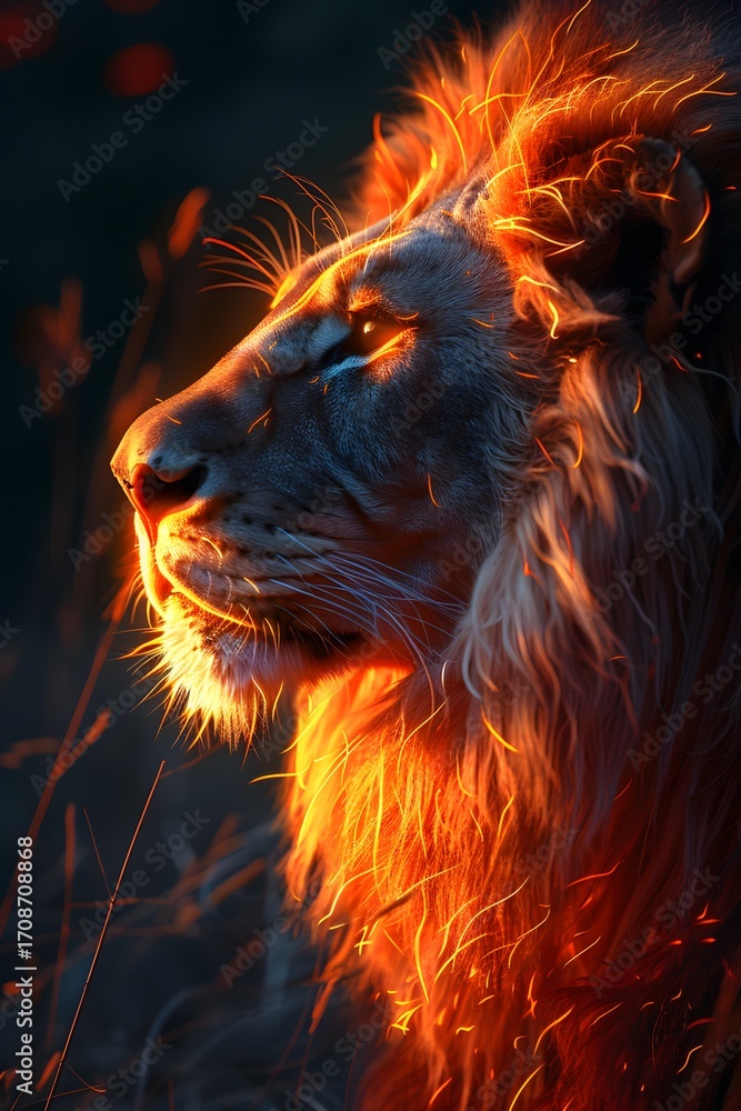 Naklejka premium Captivating neon lion portrait glowing in savanna high resolution picture