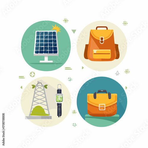 Eco-Friendly Icon Set: This vibrant flat-design composition spotlights eco-conscious lifestyle symbols, representing sustainability, renewable energy, and mindful living.