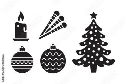 Black silhouette christmas icons including tree ornaments candle and party poppers